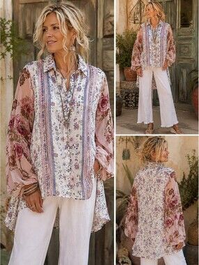 Aratta Silent Journey Floral Paisley Blouse Sheer Velvet Sleeves High Low NWOT